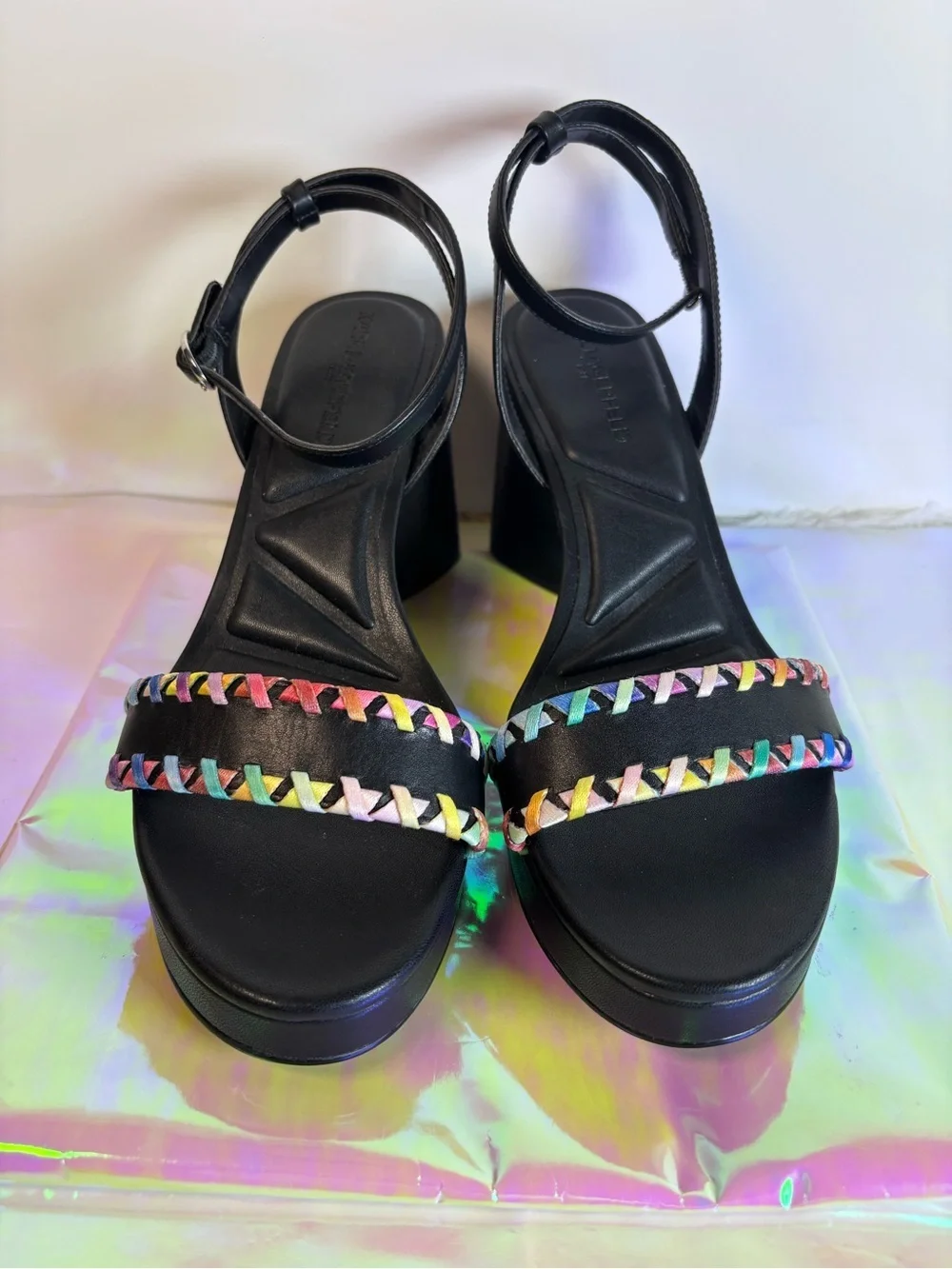 Karl Lagerfeld Black Leather Sandal with Rainbow Braided Trim NWOT 6.5 & 9